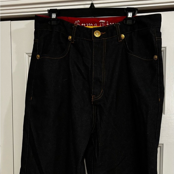 Embroidered Black Jeans with Red and Silver Design - Picture 2 of 3